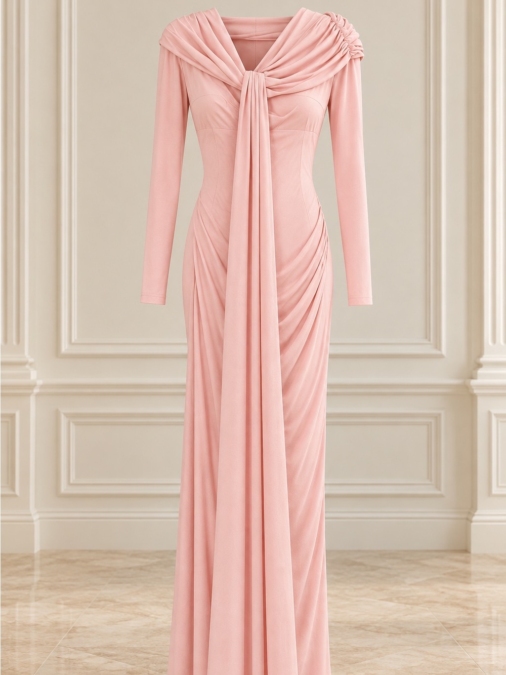 Chiffon-Detail Long Sleeve Evening Gown in Blush Pink - One Size to Medium